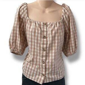 Faherty Beige & White Gingham Puff-Sleeve Button Front Top